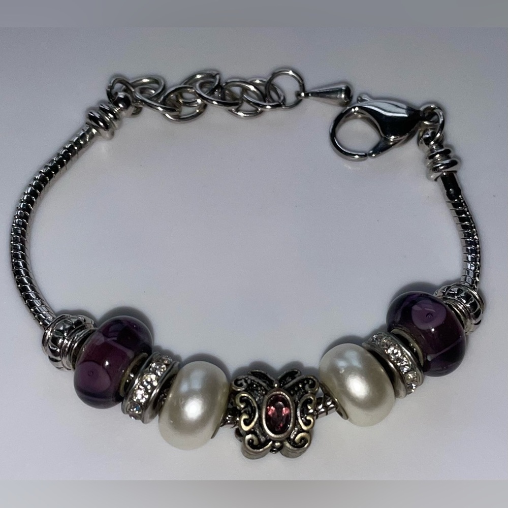 Bella Perlina Charm Bracelet – Butterfly Accent, Purple Beads & Faux Pearls